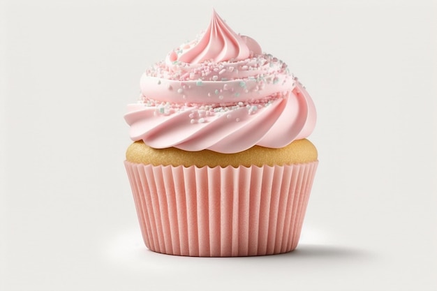 un petit gâteau rose avec un glaçage blanc et un accent de perle
