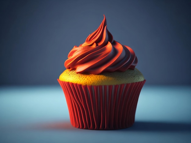 Un petit gâteau rouge avec du glaçage rouge sur une table bleue.