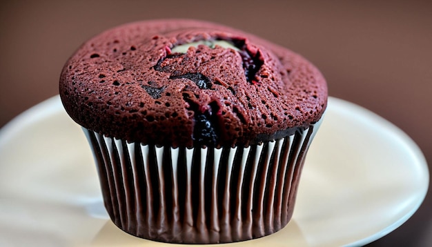 Un petit gâteau de velours rouge avec des myrtilles sur le dessus