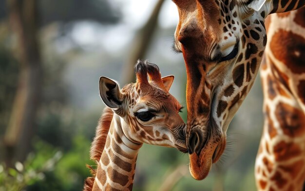 Photo un petit girafe caresse affectueusement sa mère imposante