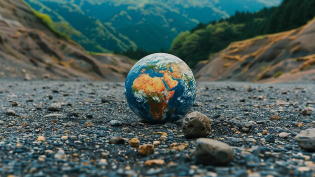 Photo un petit globe est assis sur une surface rocheuse