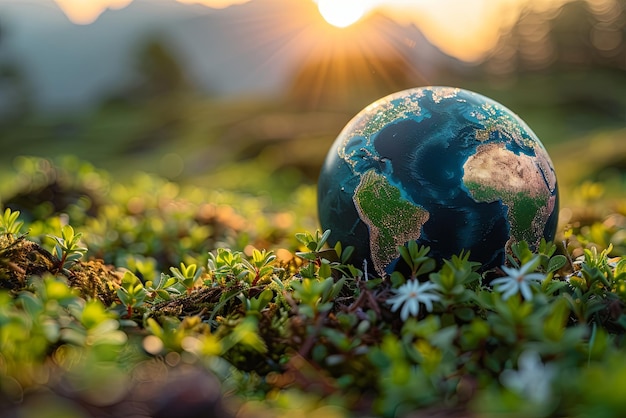 Le petit globe est entouré d'herbe verte et les fleurs sont éparpillées autour de lui Concept d'harmonie et d'équilibre entre la nature