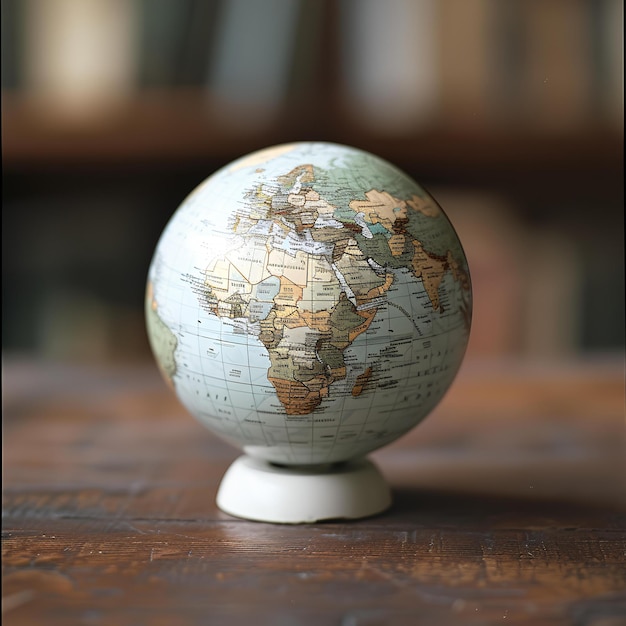 Photo un petit globe sur une table en bois