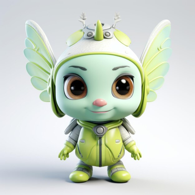 Photo petit grillon mignon modèle 3d de haute qualité d'un personnage robot vert avec des ailes jaunes