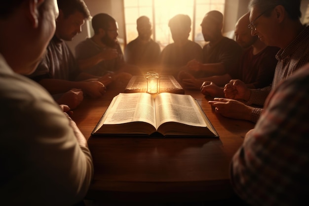 Un petit groupe de chrétiens prient ensemble autour d'une table en bois.