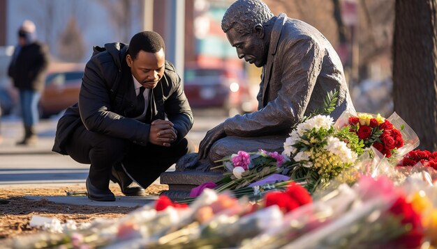 Photo un petit groupe déposant des couronnes et des fleurs devant une statue locale de mlk ou une rue nommée en son honneur