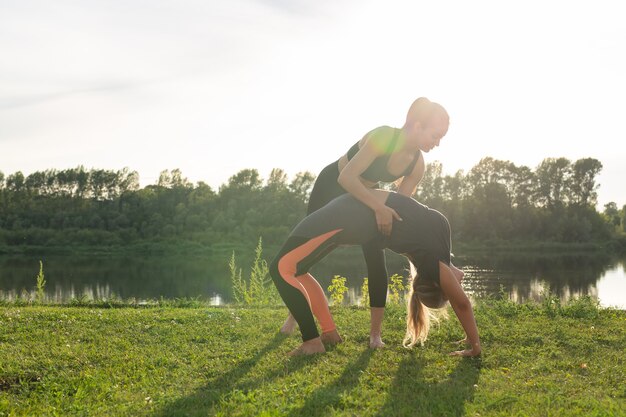 Petit groupe de fitness féminin faisant du yoga dans le parc par une journée ensoleillée