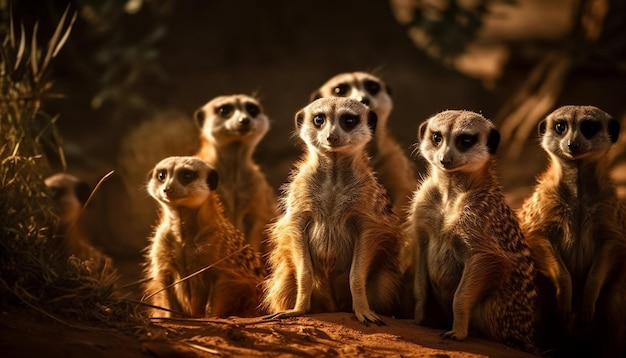 Petit groupe de suricates assis en alerte à l'extérieur généré par l'IA