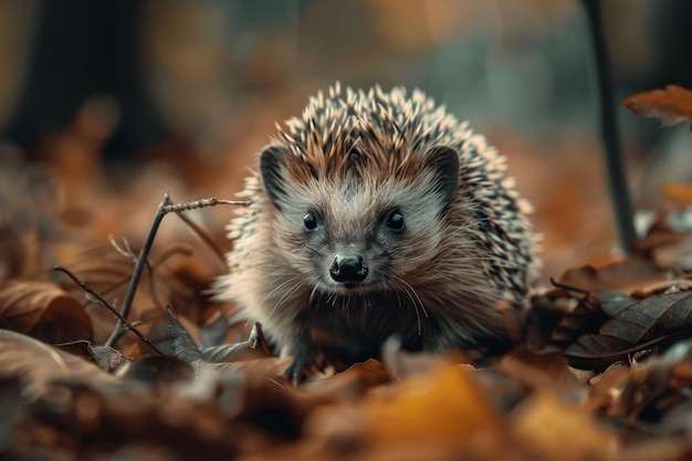 Un petit hérisson brun et blanc se tient dans les feuilles.