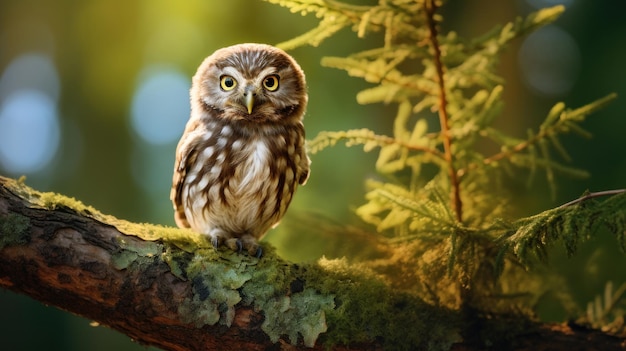 Photo un petit hibou sur une branche dans la forêt