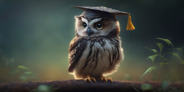 Un petit hibou coiffé d'un bonnet de graduation est assis sur une branche.