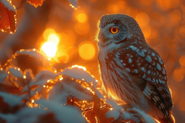 Petit hibou dans la forêt au coucher du soleil