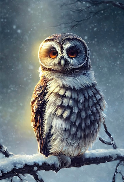 Petit hibou mignon dans la neige illustration de hibou mignon dans le paysage de noël