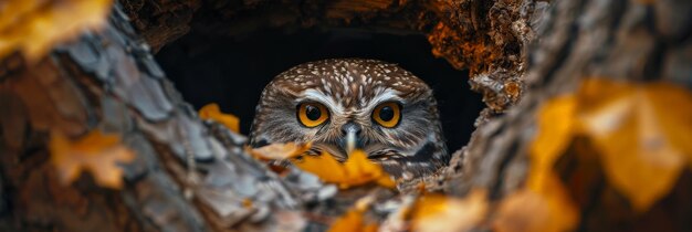 Un petit hibou qui regarde du tronc creux d'un arbre au milieu des feuilles d'automne