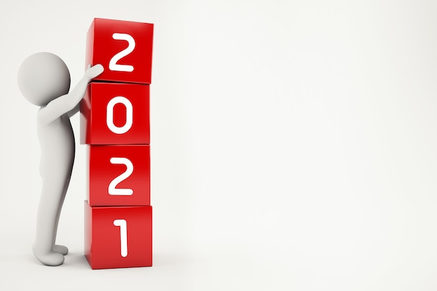 Petit Homme Forme Avec Des Cubes Rouges La Date De L'année 2021