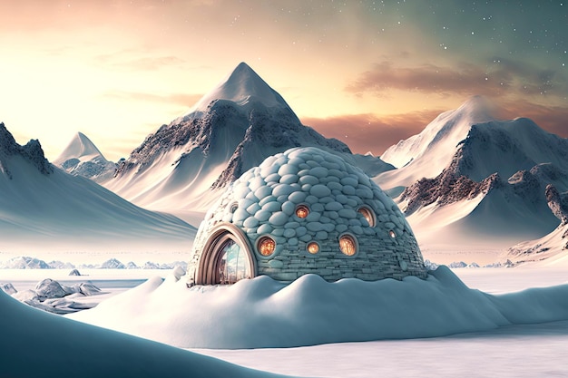 Petit igloo de neige couvert de neige au milieu de la plaine de montagne enneigée