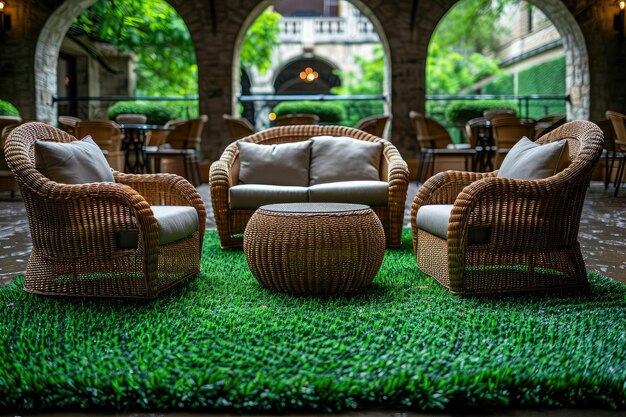 petit jardin de patio moderne avec de l'herbe artificielle et des idées d'inspiration pour les meubles en rotin