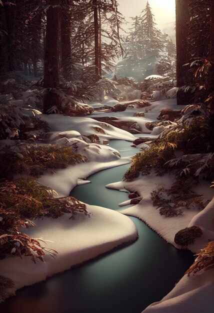 Petit jet d'eau sur une belle forêt d'hiver