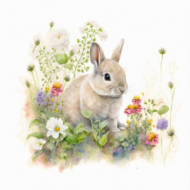 Petit jeune lapin est assis dans un champ parmi les fleurs sauvages et l'herbe Illustration aquarelle