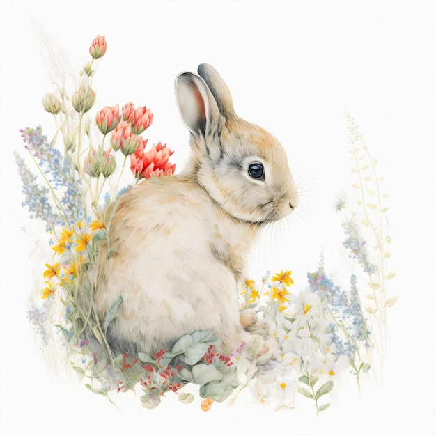 Petit jeune lapin est assis dans un champ parmi les fleurs sauvages et l'herbe Illustration aquarelle
