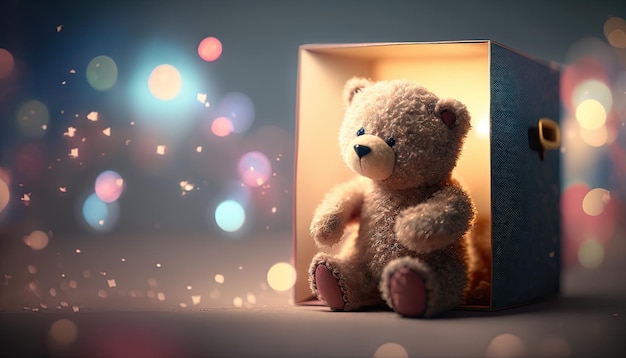 Petit jouet d'ours dans une boîte cadeau sur fond de lumière parasite colorée attrayant ours en peluche miniature