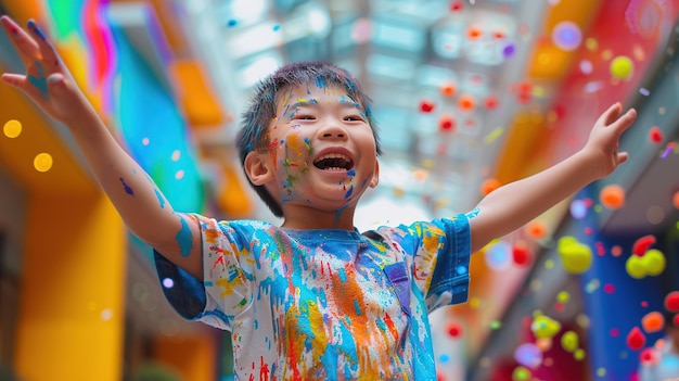 Petit joyeux avec le visage peint sur un fond flou Célébration du jour du festival de Holi