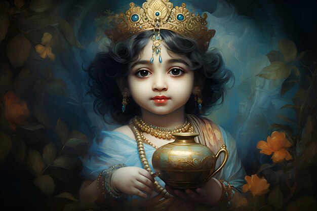 Petit Krishna avec un pot de beurre AI générative