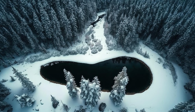 Un petit lac dans la forêt est entouré d'arbres couverts de neige.