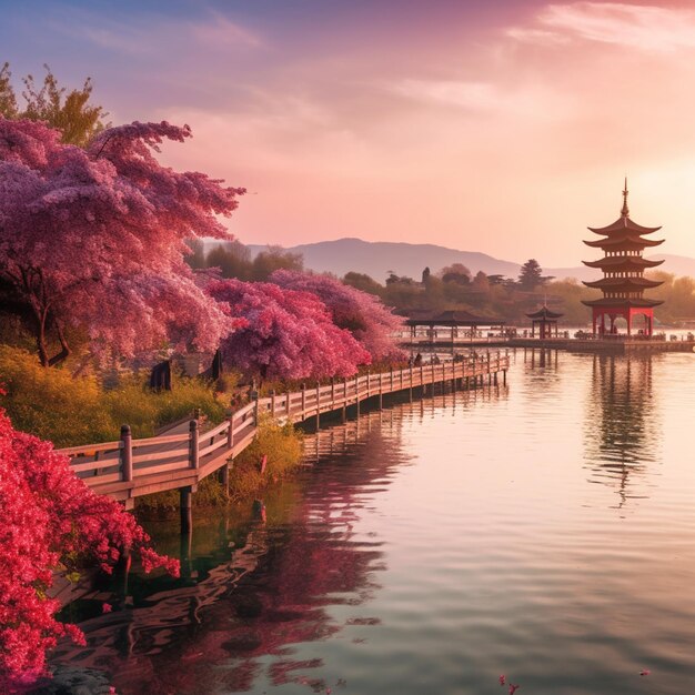Un petit lac avec un petit lac et une pagode avec un ciel rose au sommet.