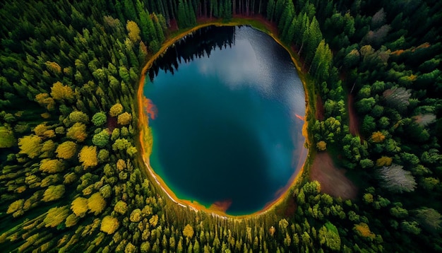 Petit lac rond dans la vue de dessus de la forêt Generative AI