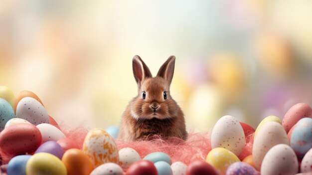 Petit lapin brun mignon avec des œufs colorés carte de Pâques