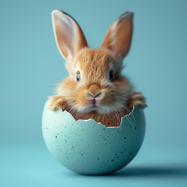 Un petit lapin dans un œuf sur un fond bleu généré par l'IA