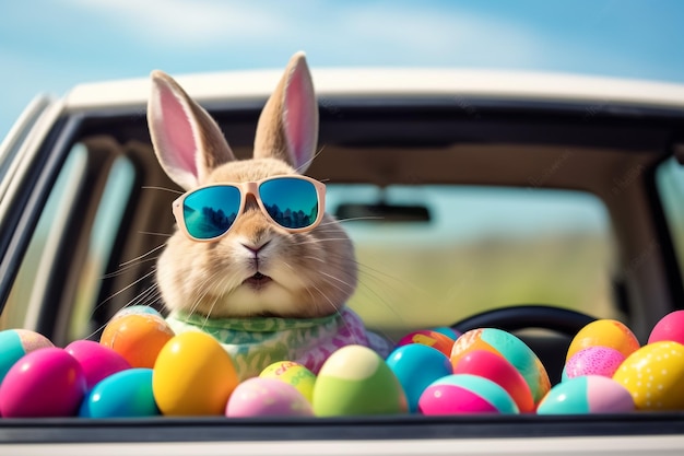 Petit lapin dans le panier avec des œufs décorés Carte de Pâques