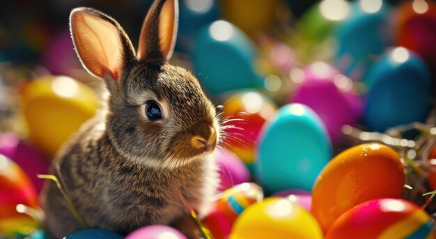 un petit lapin entouré d'œufs colorés