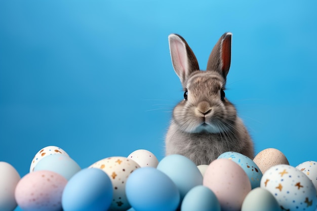 Un petit lapin gris mignon et des œufs de Pâques colorés sur le fond bleu