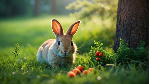 Photo petit lapin d'herbe verte avec carotte photo très détaillée ia générative