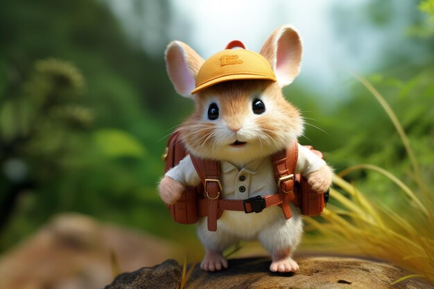 Photo un petit lapin jouet avec un chapeau et un sac à dos est représenté