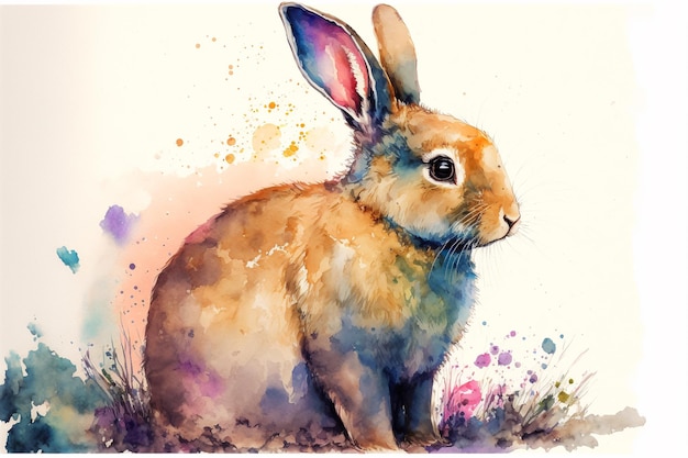 Petit lapin mignon aquarelle sur blanc IA générative