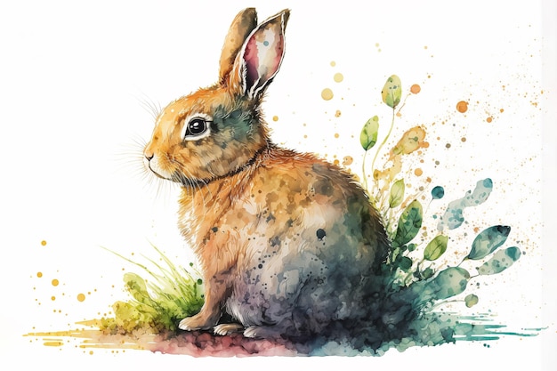 Petit lapin mignon aquarelle sur blanc IA générative