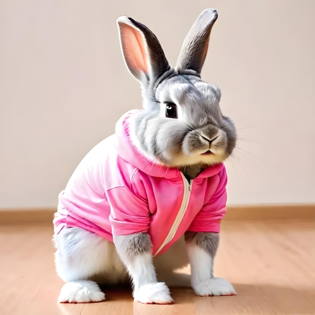 Photo un petit lapin mignon et chaud qui porte des vêtements d'entraînement et fait de l'exercice au gymnase.