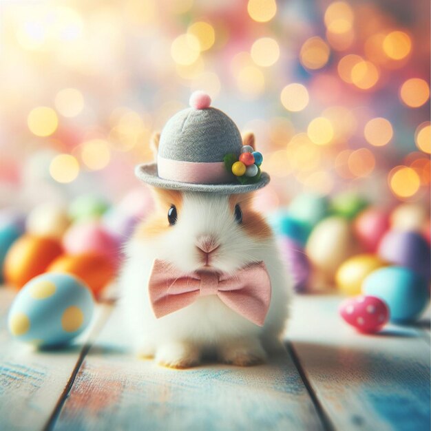 Photo un petit lapin mignon et des œufs de pâques sur un fond bokeh