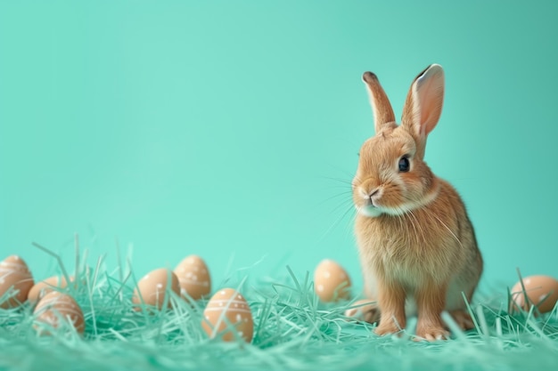 Photo petit lapin avec des œufs décorés sur une carte de pâques