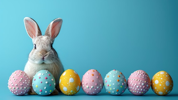 Petit lapin avec des œufs décorés sur un fond bleu Carte de Pâques