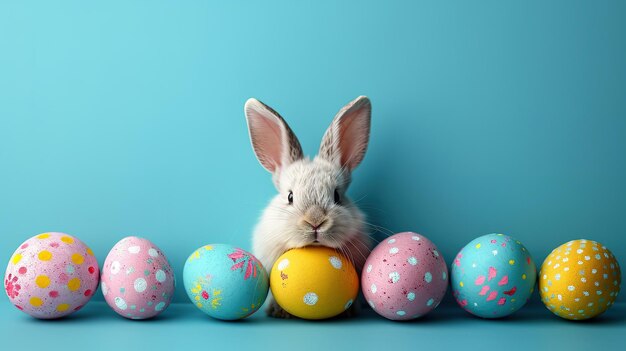 Petit lapin avec des œufs décorés sur un fond bleu Carte de Pâques