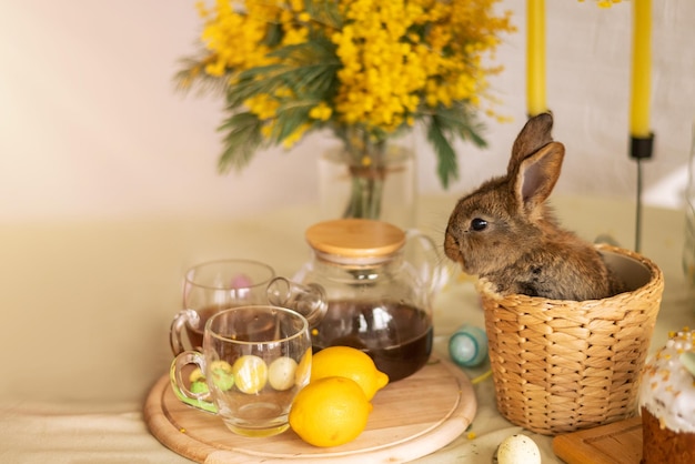 Le petit lapin de Pâques est assis dans un panier sur la table près de tasses de thé et de citrons