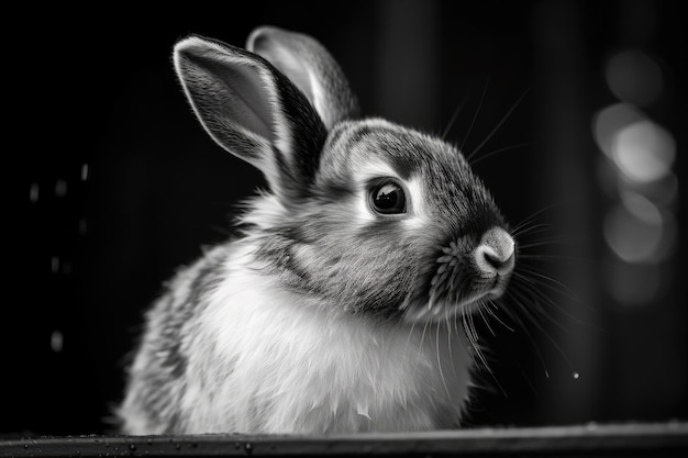 Photo petit lapin pelucheux en noir et blanc