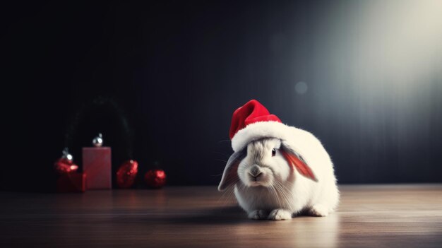 Photo le petit lapin à queue de coton du père noël dans un chapeau de père noël aide à répandre les merveilles de la fête