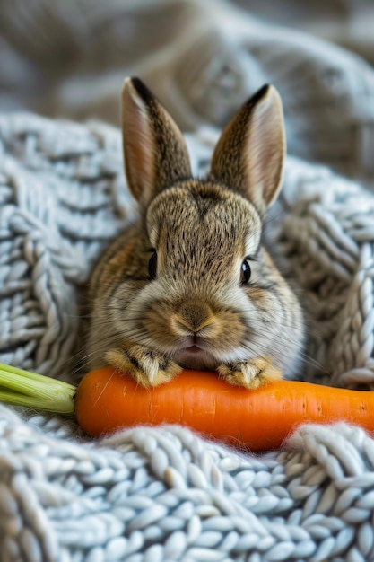 Photo un petit lapin tenant une carotte devant un pull