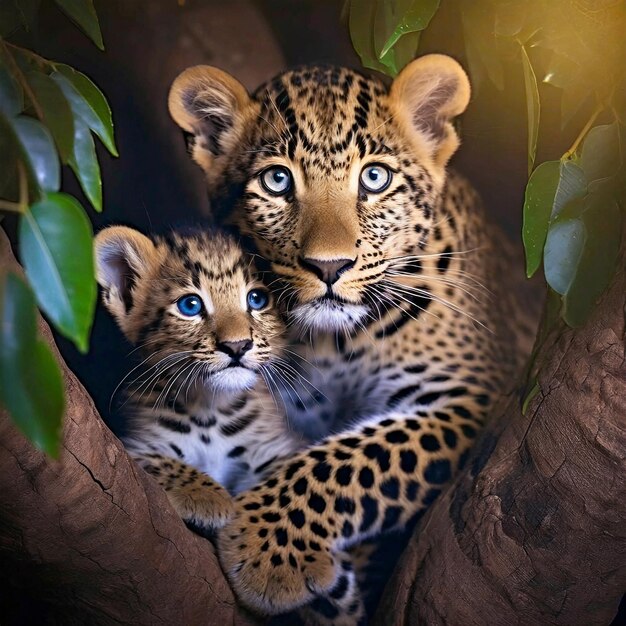 Photo un petit léopard jouant avec sa mère dans les branches d'un baobab à la lumière dorée du soleil