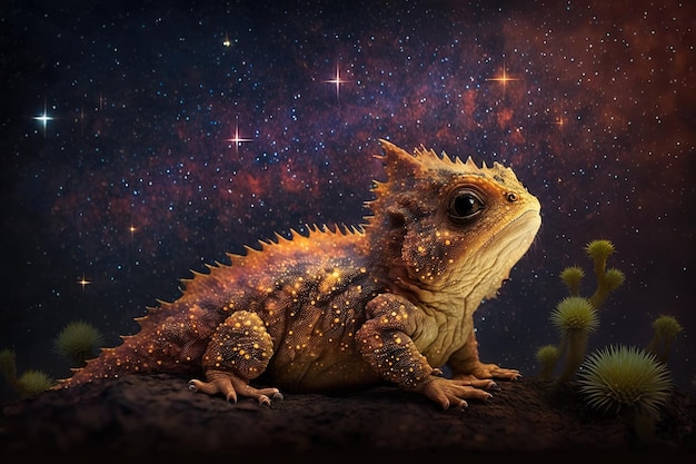 Un petit lézard est assis sur une pierre sous un ciel étoilé Generative AI